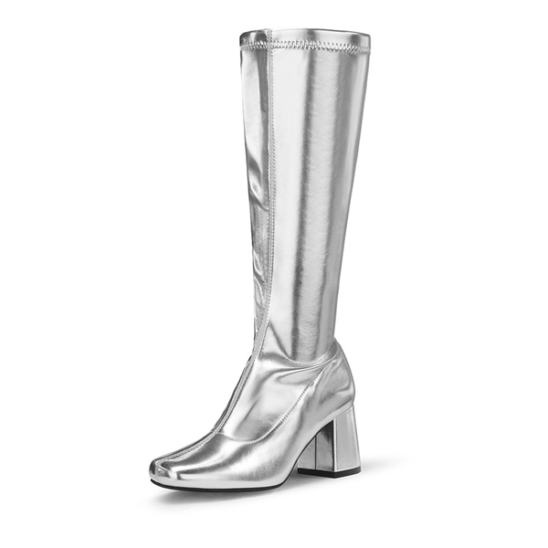 Desire Square Toe Chunky Knee High Gogo Boots - SILVER PU -  0